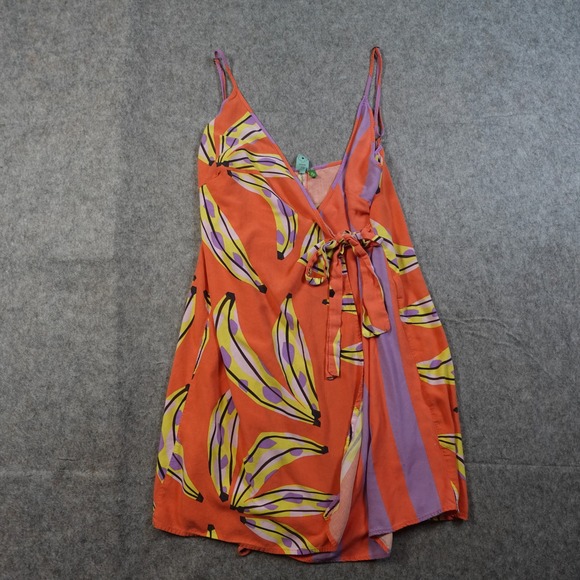 FARM Rio Dresses & Skirts - Farm Rio Dress Womens Large Orange Banana Wrap Mini V-Neck Tropical Sleeveless
